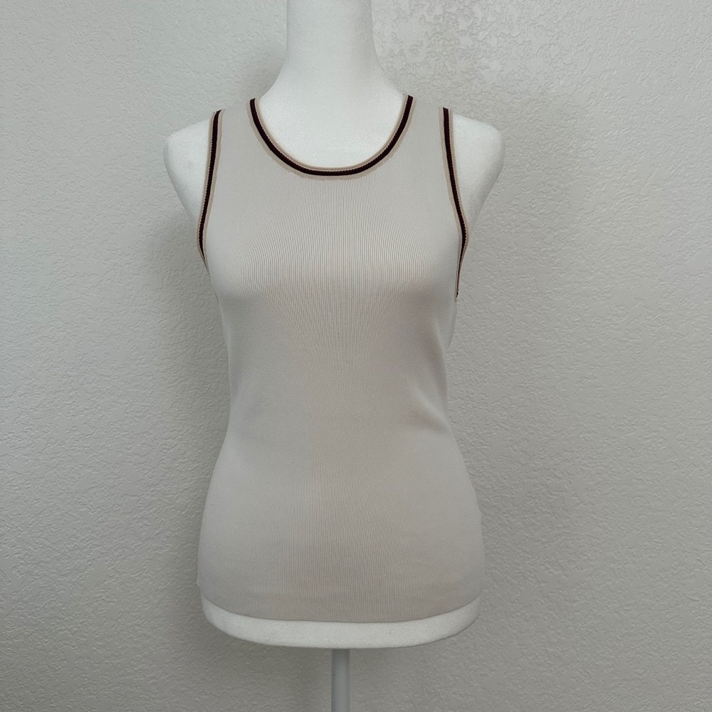 Mustard Seed Tank Top Women Large Cream Ribbed Knit Contrast Trim Preppy Bodycon